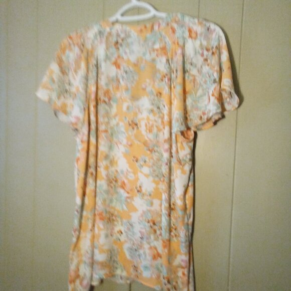 Rose & Olive Blouse Women L Short Sleeve Button Up Feminine Floral Orange Green - Picture 10 of 13